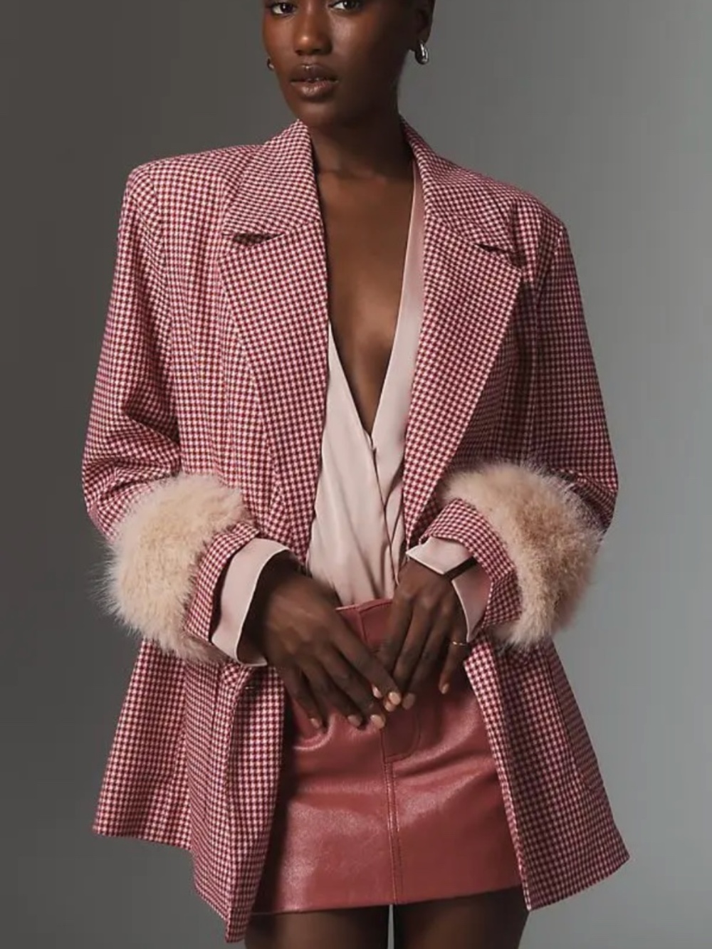 Maeve Houndstooth Blazer with Faux Fur Cuffs in Red Plaid (NWOT)